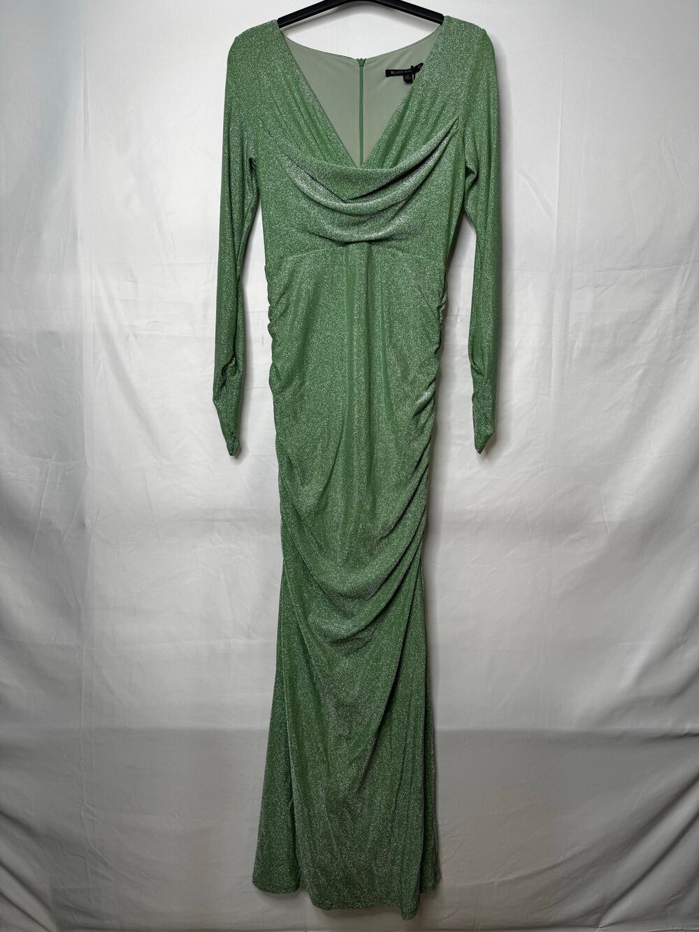NWT Black Halo Green Metallic Draped Ruched Long Sleeve Gown Size 12